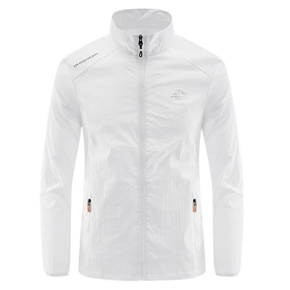 Men Outdoor Sports Jackets Solid Casual Lightweight Hiking Long Sleeve Full Zip Stand Collar Thin Athletic Jackets Zipper Pockets White XXL