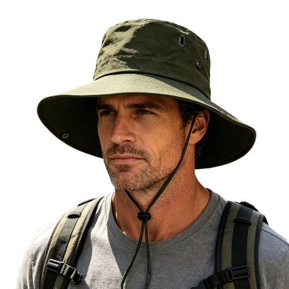 Men Outdoor Wide Brim Breathable Sun Bucket Hat, Foldable UV Protection Boonie Hat for Hiking Fishing Camping Army Green Free Size