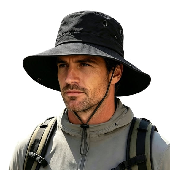 Men Outdoor Wide Brim Breathable Sun Bucket Hat, Foldable UV Protection Boonie Hat for Hiking Fishing Camping Black Free Size