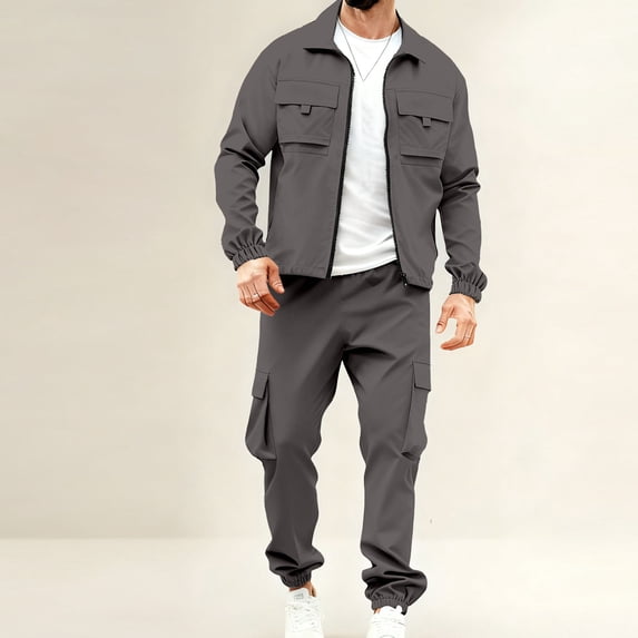 Men Outfits 2 Piece Sets Solid Collared Zip Up Long Sleeve Top and Cuffed Cargo Pants Set Casual Two Piece Tracksuit