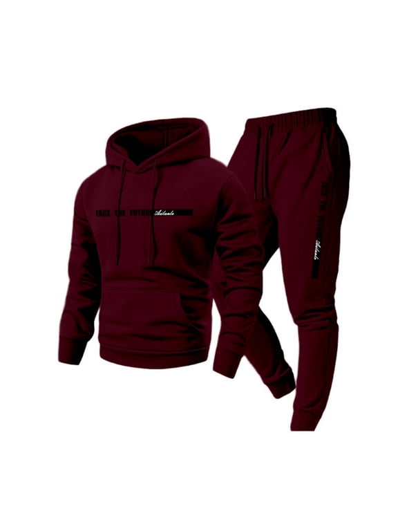 Men Outfits 2 Piece Sets Sweatsuits Casual Fleece Lined Hooded Drawstring Sweatshirt And Sweatpants Tracksuit With "Face The Future" Letter Design For Daily Wear S Purple