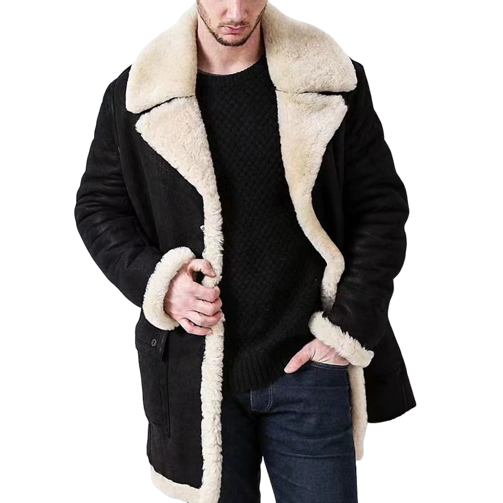 Men Overcoat Faux Fur Integrated Plush Lining Thickened Men Overcoat Faux Fur Integrated Plush Lining Thickened