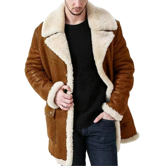 Men Overcoat Faux Fur Integrated Plush Lining Thickened Turndown Collar Coldproof European Style Faux Leather Lapel Jacket Coat Streetwear