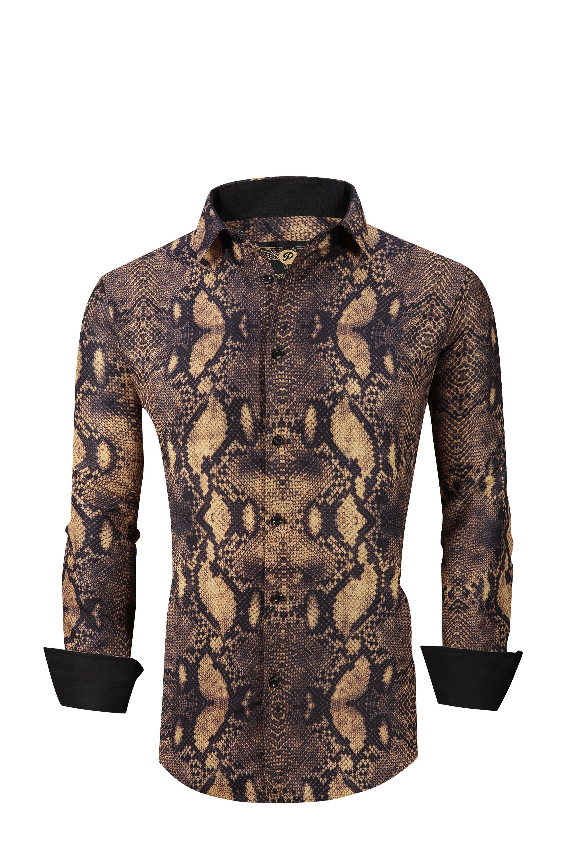 Men PREMIERE Long Sleeve Button Down Dress Shirt Black Gold Snake Skin  Print - Walmart.com