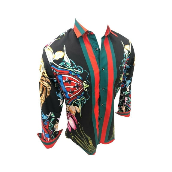 Men PREMIERE Long Sleeve Button Down Dress Shirt Black Red Green Stripe Lion Head