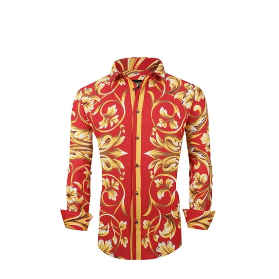 Men PREMIERE Long Sleeve Button Down Dress Shirt Red Gold Floral Design