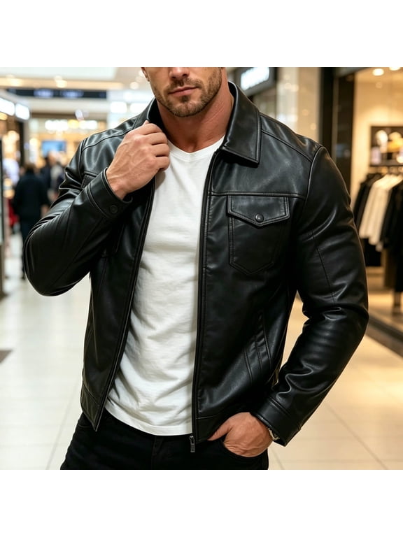 Men PU Leather Collar Motorcycle Jacket, Double Pocket Windproof Loose Long Sleeve Cycling Outerwear Tough Daily Commute Coat For Men Black L