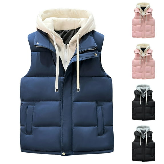 Men Padded Vest with Hooded Fall Winter Plus Size Solid Color Sleeveless Jacket Warm Clothes Parkas Waistcoat for Women with Pocket