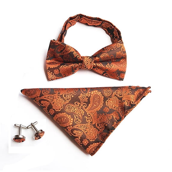 Men Paisley Pre-tied Tuxedo Bow Tie Cufflinks Handkerchiefs Pocket Square Set