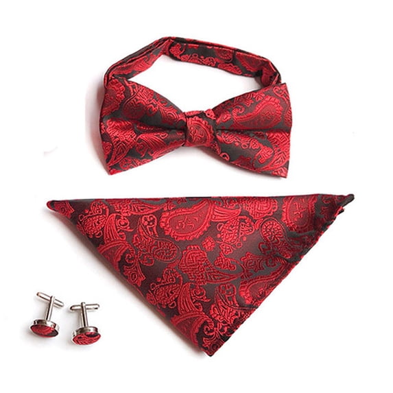 Men Paisley Pre-tied Tuxedo Bow Tie Cufflinks Handkerchiefs Pocket Square Set