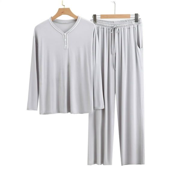 Men Pajama 2 Piece Set Sleepwear Pjs Lightweight Long Sleeve Crewneck Shirts and Bottoms Loungewear Soft Comfy Sleep Outfits (Grey,XL)