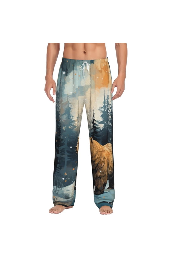 Men Pajama Pants Casual Flannel Lounge Sleep Bottoms, Bear Moose Rustic Wood