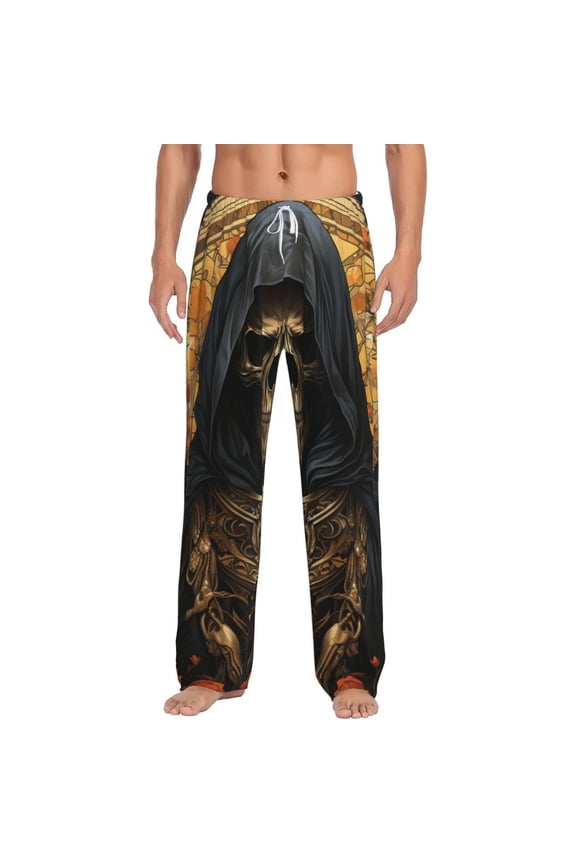 Men Pajama Pants Casual Flannel Lounge Sleep Bottoms, Cool Death Skull Grim Reaper Art