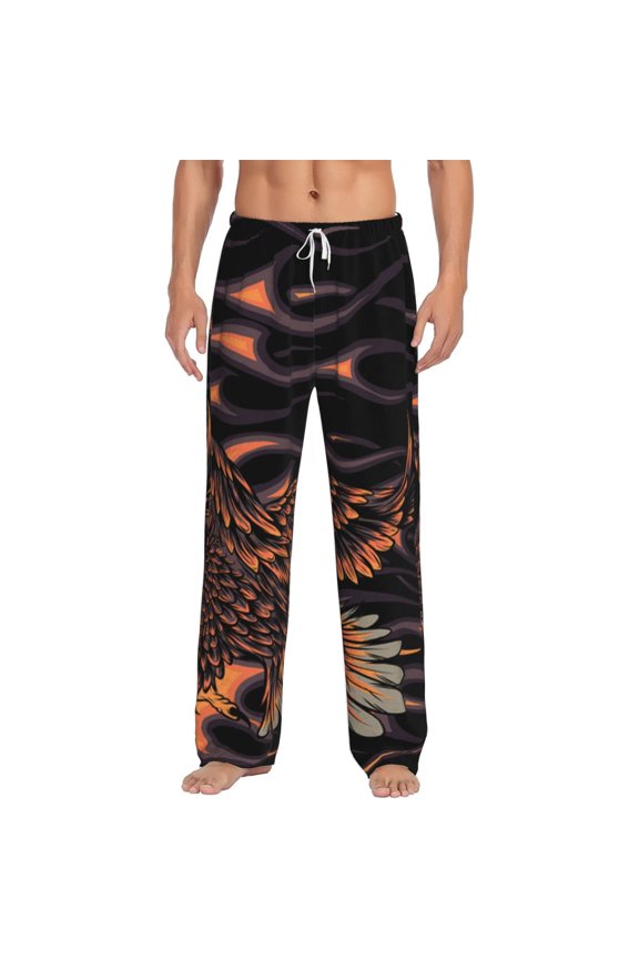Men Pajama Pants Casual Flannel Lounge Sleep Bottoms, Flaming Eagle Fire