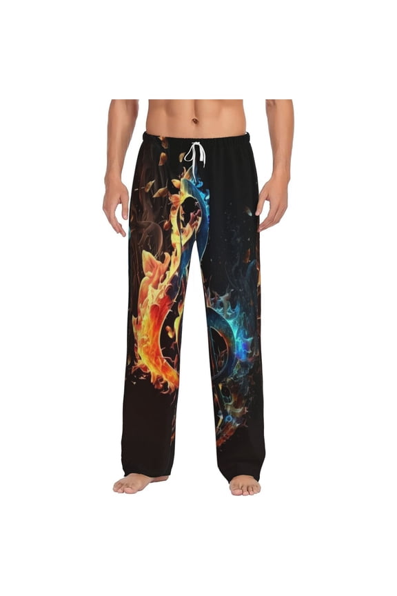 Men Pajama Pants Casual Flannel Lounge Sleep Bottoms, Flaming Music Notes Fire