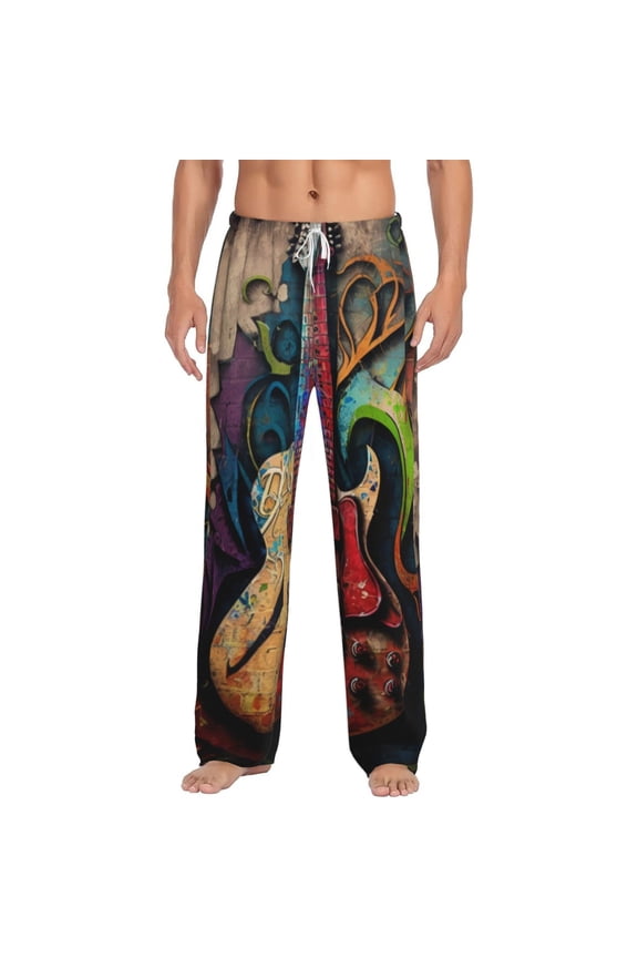 Men Pajama Pants Casual Flannel Lounge Sleep Bottoms, Guitar Music Graffiti Street Wall Art