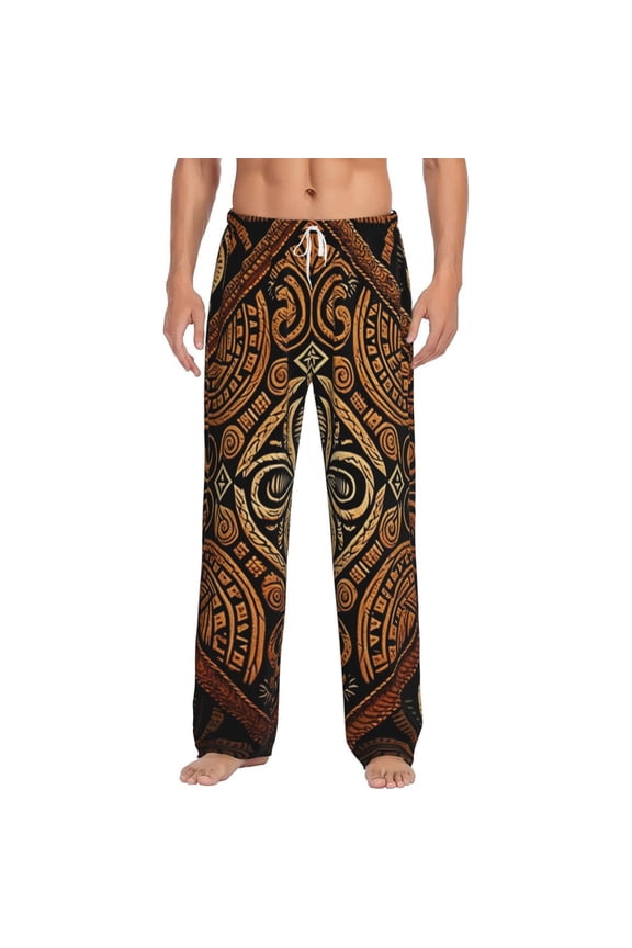 Men Pajama Pants Casual Flannel Lounge Sleep Bottoms, Hawaiian Style Tapa Cloth Tribal Art