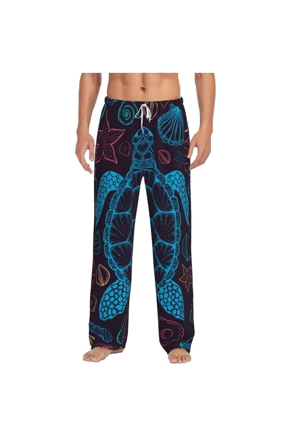 Men Pajama Pants Casual Flannel Lounge Sleep Bottoms, Sea Turtle Shells Starfish
