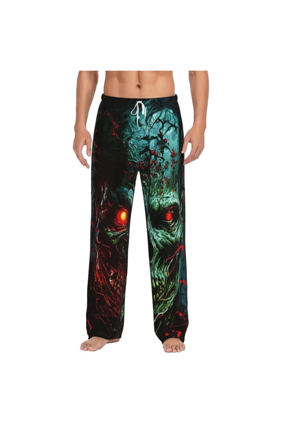 Men Pajama Pants Casual Flannel Lounge Sleep Bottoms, Skull Ghost Zombies Head Red Eyes Cool