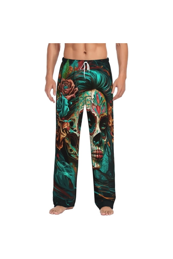 Men Pajama Pants Casual Flannel Lounge Sleep Bottoms, Sugar Skull Zombie Rose