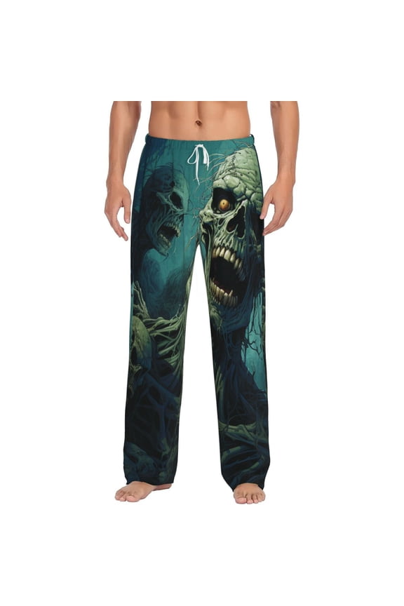 Men Pajama Pants Casual Flannel Lounge Sleep Bottoms, Zombie Skull Art