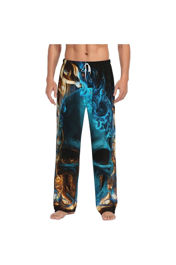 Men Pajama Pants Casual Lightweight Lounge Sleep Bottoms, Blue Flame Fire Skull Burning
