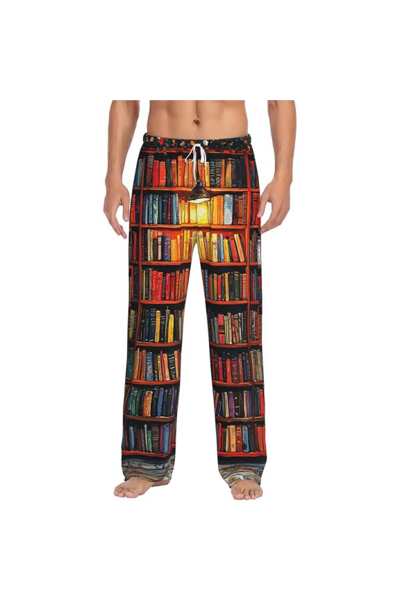 Men Pajama Pants Casual Lightweight Lounge Sleep Bottoms, Bookshelf Library Patterns Art