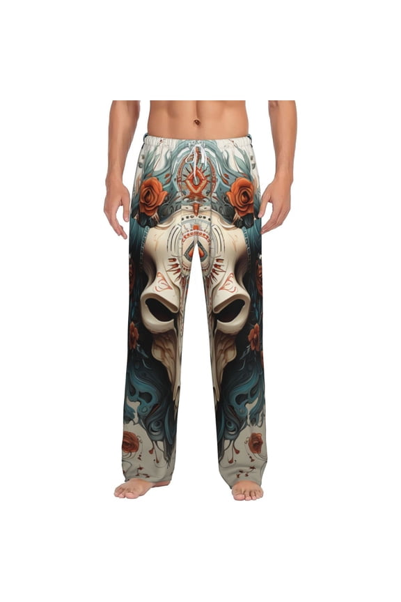 Men Pajama Pants Casual Lightweight Lounge Sleep Bottoms, Bull Skull Horns Ethnic Vintage Art