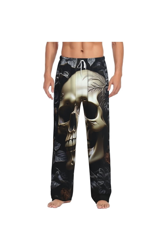 Men Pajama Pants Casual Lightweight Lounge Sleep Bottoms, Death Skull Gothic Art Black