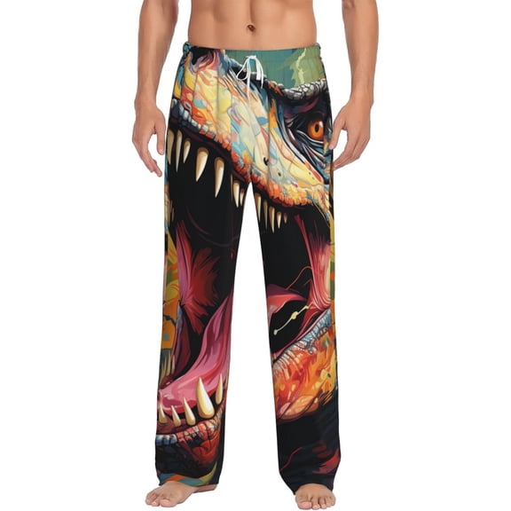 Men Pajama Pants Casual Lightweight Lounge Sleep Bottoms, Dinosaur Dino Art
