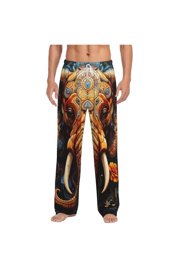Men Pajama Pants Casual Lightweight Lounge Sleep Bottoms, Elephant Indian Psychedelic