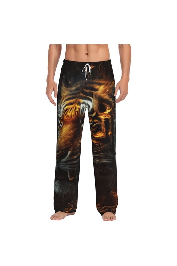 Men Pajama Pants Casual Lightweight Lounge Sleep Bottoms, Fire King Tiger Face Art