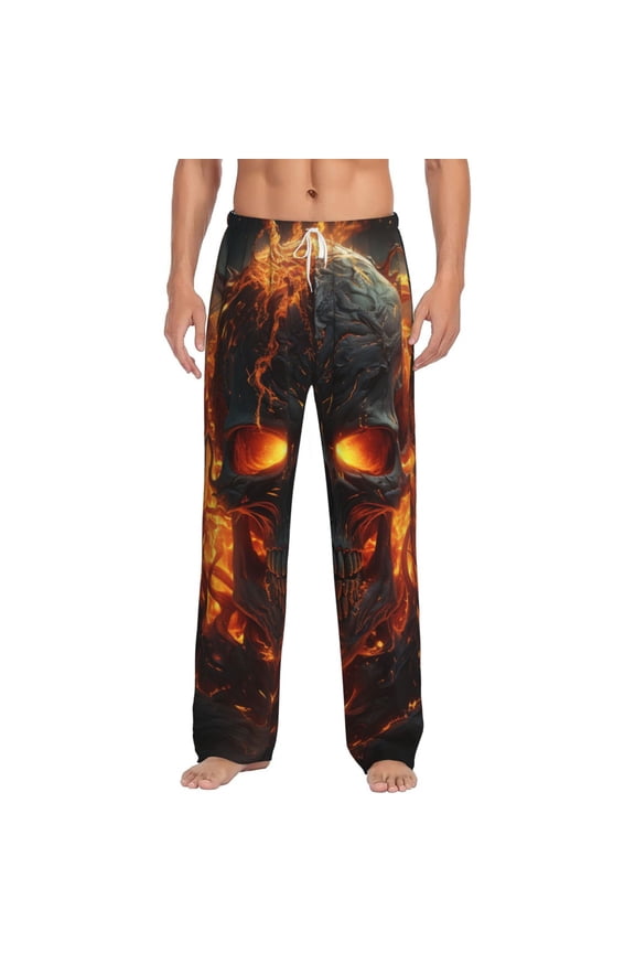 Men Pajama Pants Casual Lightweight Lounge Sleep Bottoms, Fire Skull Gothic Cool
