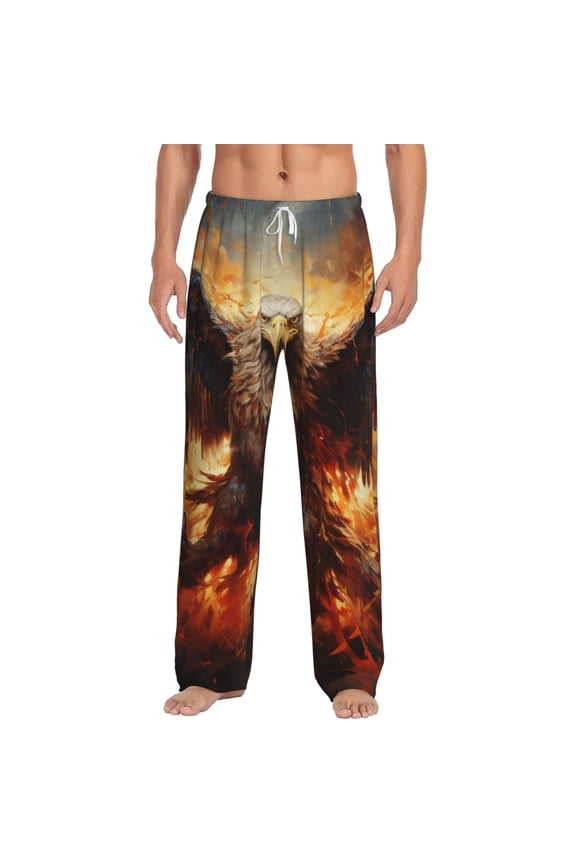 Men Pajama Pants Casual Lightweight Lounge Sleep Bottoms, Flaming Fire Eagle Art