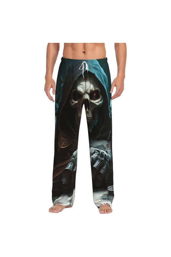 Men Pajama Pants Casual Lightweight Lounge Sleep Bottoms, Grim Reaper Playing Poker Death Skull