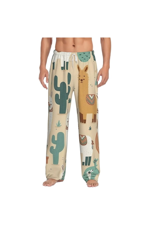 Men Pajama Pants Casual Lightweight Lounge Sleep Bottoms, Llama Alpaca Cactus Cartoon Cute