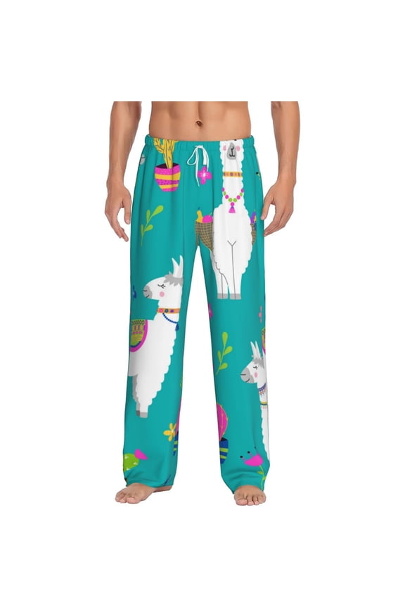 Men Pajama Pants Casual Lightweight Lounge Sleep Bottoms, Llama Alpaca Cactus Cartoon