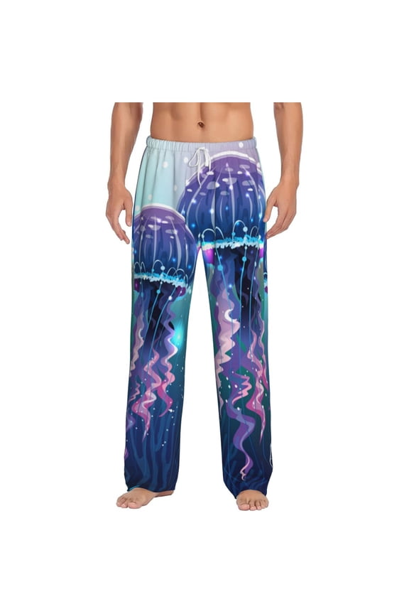 Men Pajama Pants Casual Lightweight Lounge Sleep Bottoms, Magic Neon Light Jellyfish