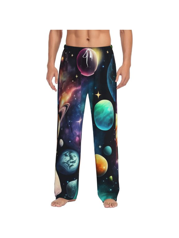 Men Pajama Pants Casual Lightweight Lounge Sleep Bottoms, Planets Galaxy Stars Cosmic Space