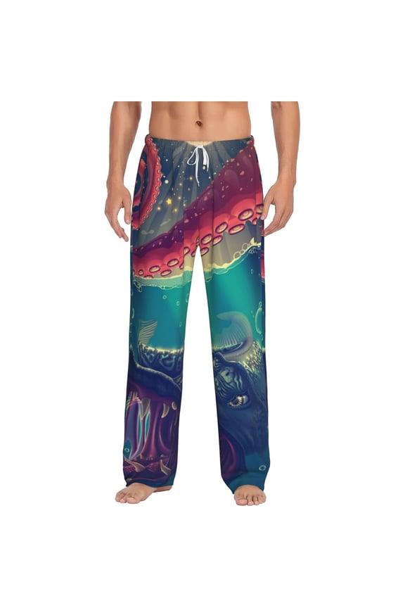 Men Pajama Pants Casual Lightweight Lounge Sleep Bottoms, Red Octopus Tentacles Predator Fish