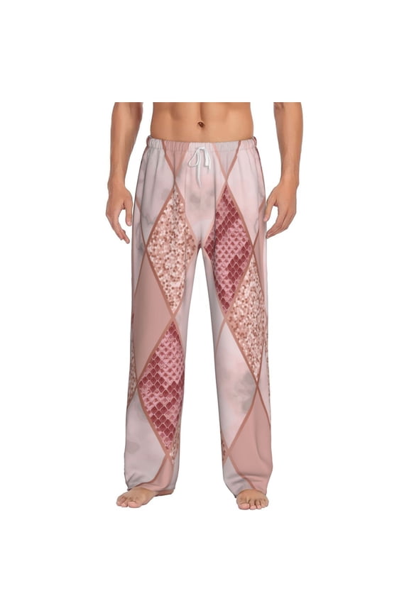 Men Pajama Pants Casual Lightweight Lounge Sleep Bottoms, Rose Gold Marble Snakeskin Geometric
