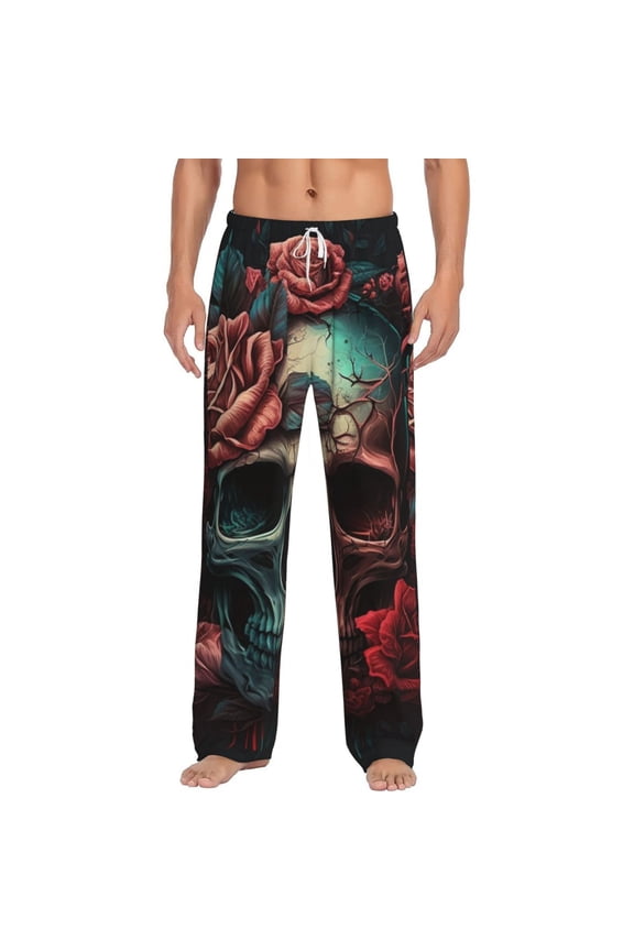Men Pajama Pants Casual Lightweight Lounge Sleep Bottoms, Skull Death Roses Retro