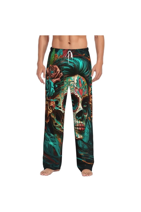 Men Pajama Pants Casual Lightweight Lounge Sleep Bottoms, Sugar Skull Zombie Rose