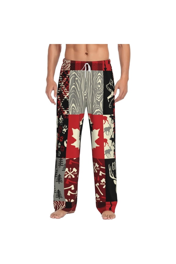 Men Pajama Pants Casual Lightweight Lounge Sleep Bottoms, Wildlife Wood Plaid And Lumberjack Symbols