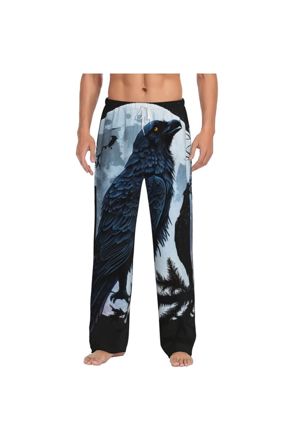 Men Pajama Pants Casual Lightweight Lounge Sleep Bottoms, Wolf Raven Moonlight Moon Night