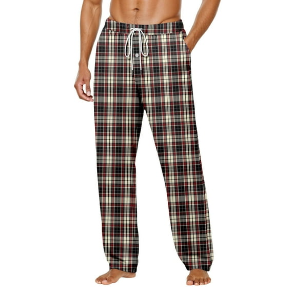 Men Pajama Pants Plaid Stretch Comfy Lounge Pants Drawstring Waist Sleep Bottoms with Pockets Halloween Christmas Loose Fit Pj Bottoms (11-Brick Red, XX-Large)
