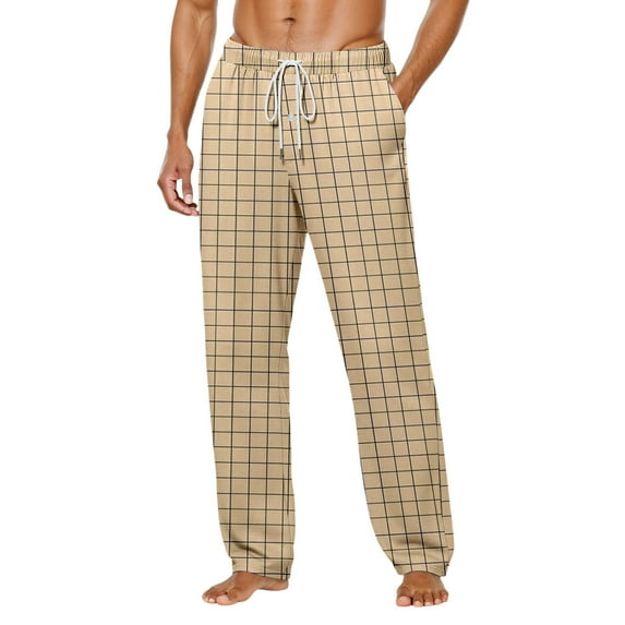 Men Pajama Pants Plaid Stretch Comfy Lounge Pants Drawstring Waist Sleep Bottoms with Pockets Halloween Christmas Loose Fit Pj Bottoms (18-Khaki, XX-Large)