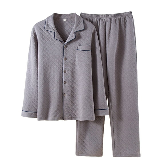 Men Pajama Set Casual Fleece V Neck Grid Button Long Sleeve Pants Set Men Pjs Sets