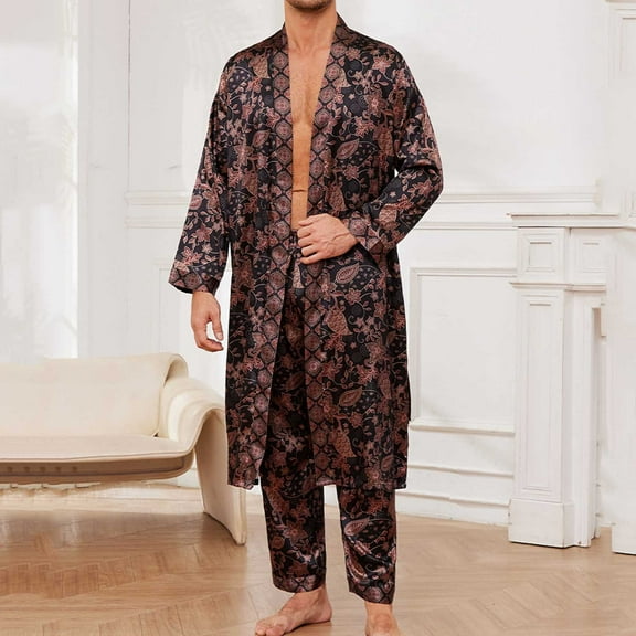 Men Pajama Set Man Printing Simulation-Silk Home Tie Robe Pants Pajama Sets Pjs for Men Set Men Pjs Sets on Sale Sleepwear for Men Lightweight Summer Pajamas