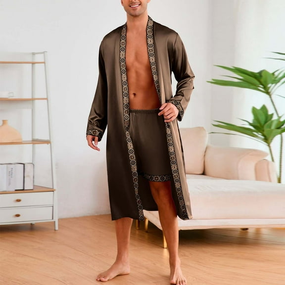 Men Pajama Set Man Printing Simulation-Silk Home Tie Robe Shorts Pajama Sets Pjs for Men Set Men Pjs Sets on Sale Sleepwear for Men Lightweight Summer Pajamas